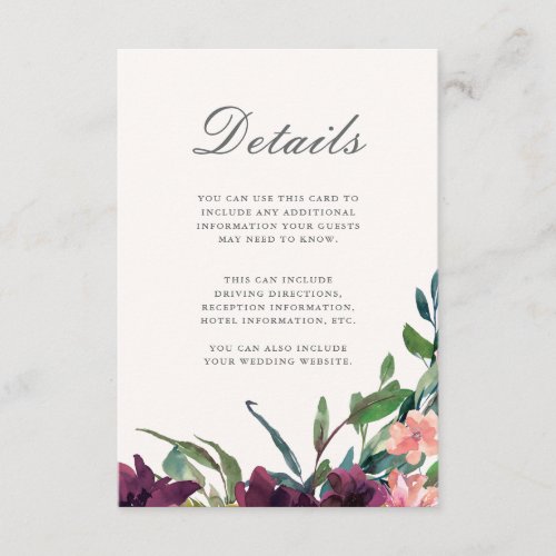 Two Sided Plum Floral on Blush Wedding Details Enclosure Card