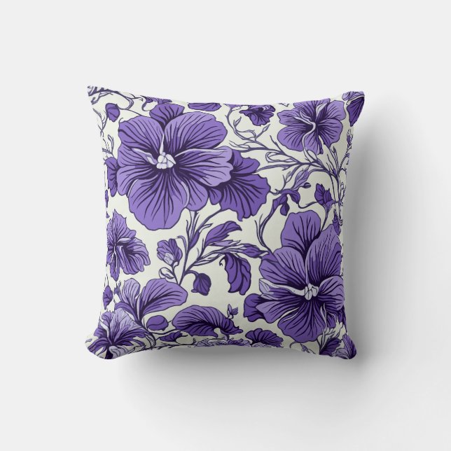 Two sided Purple Violet Flowers Botanical Floral Throw Pillow (Front)