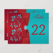 Two-sided Red, Turquoise Floral Table Number Card (Front/Back)