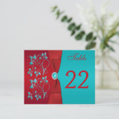 Two-sided Red, Turquoise Floral Table Number Card (Standing Front)