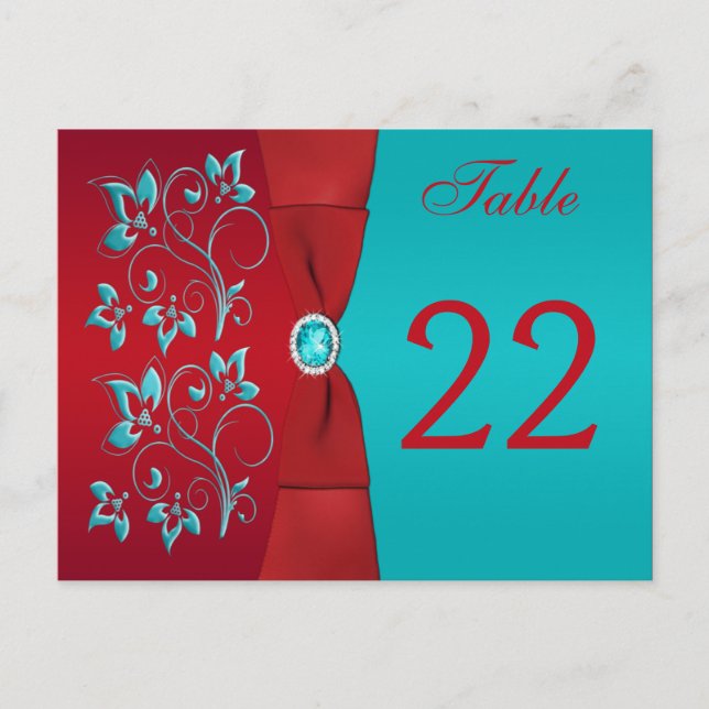Two-sided Red, Turquoise Floral Table Number Card (Front)