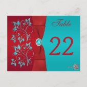 Two-sided Red, Turquoise Floral Table Number Card (Back)