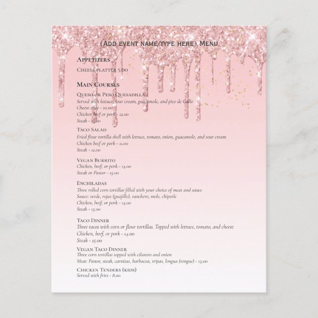 Two sided Rose Gold Dripping Glitter MENU Template Flyer (Front)