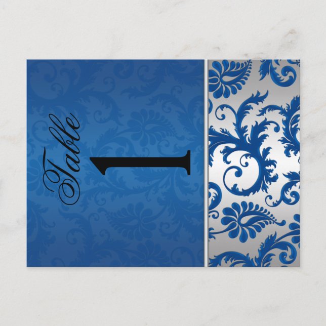Two Sided Silver and Blue Damask Table Number (Front)