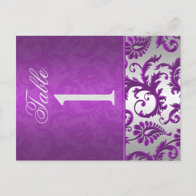 Two Sided Silver and Purple Damask II Table Number (Front)