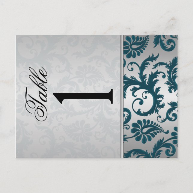 Two Sided Silver and Teal Damask II Table Number (Front)