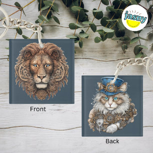 Two-Sided Steampunk Lion And Persian Cat Square Keychain