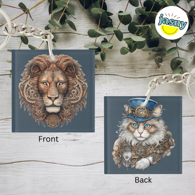 Two-Sided Steampunk Lion And Persian Cat Square Keychain (Creator Uploaded)