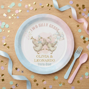 Two Silly Geese Boy & Girl Twins Birthday Paper Plates
