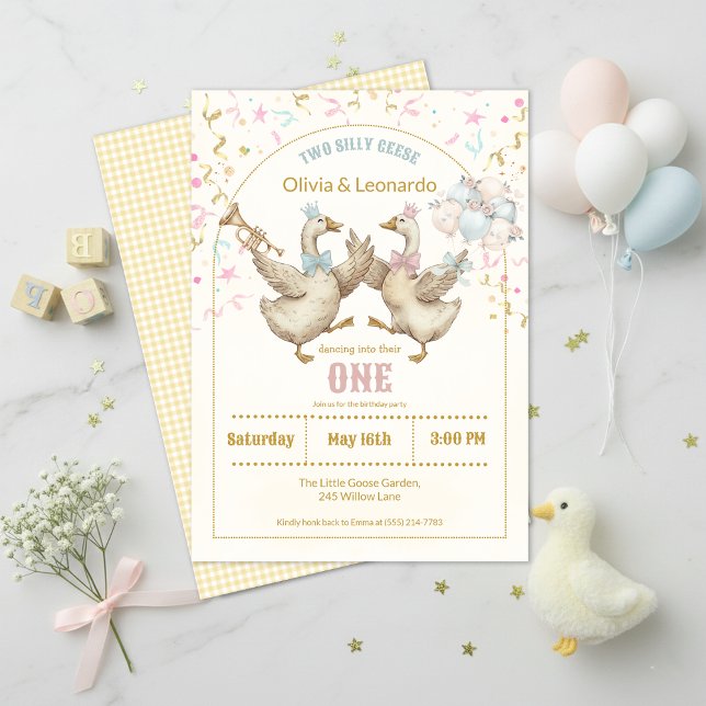 Two Silly Geese Twins Boy & Girl Birthday  Invitation (Creator Uploaded)
