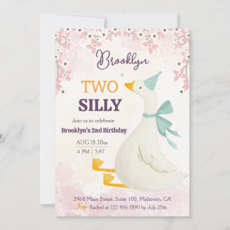 Two silly goose 2nd birthday cute floral pink invitation