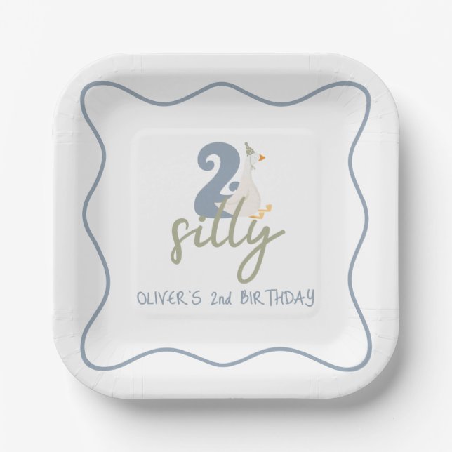 Two Silly Goose blue and green 2nd Birthday Paper Plates (Front)
