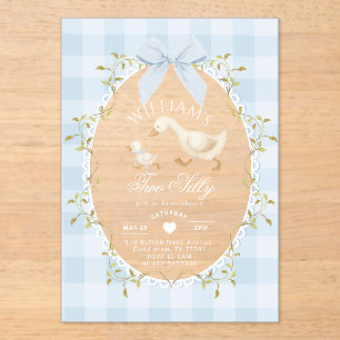 Two Silly Goose Blue Gingham 2nd Birthday Acrylic Invitations