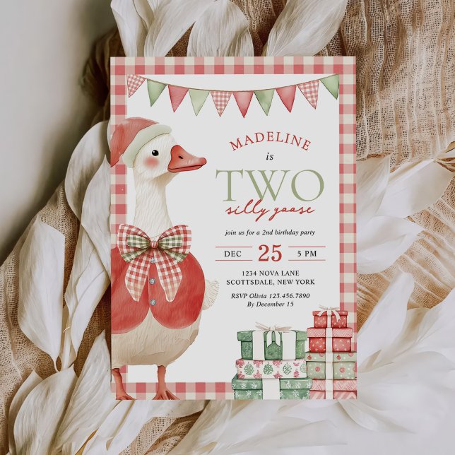 Two Silly Goose Christmas Gingham 2nd Birthday Invitation (Creator Uploaded)
