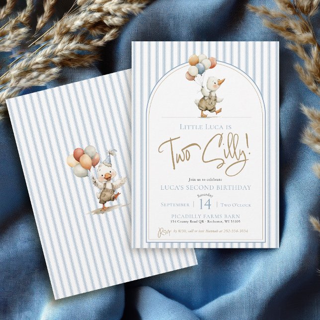 Two Silly Goose Cute Pinstripe Boy 2nd Birthday Invitation (Funny boy second birthday TWO SILLY Goose blue ticking pinstripe arch modern whimsical farm animals)