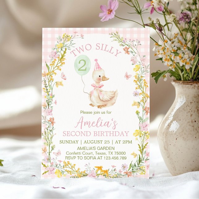 Two Silly Goose Floral Pink Gingham Girl Birthday Invitation (Creator Uploaded)