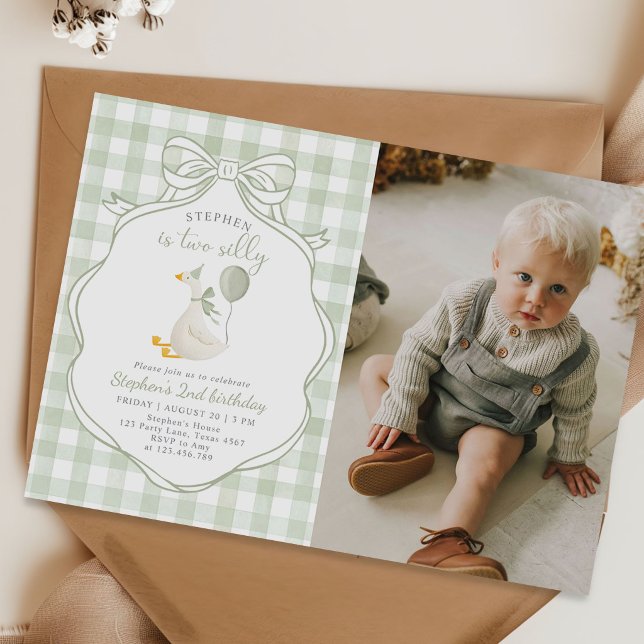 Two Silly Goose Green Bow 2nd Birthday Photo Invitation (Creator Uploaded)