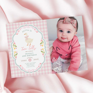 Two Silly Goose Pink Bow Gir 2nd Birthday Photo Invitation