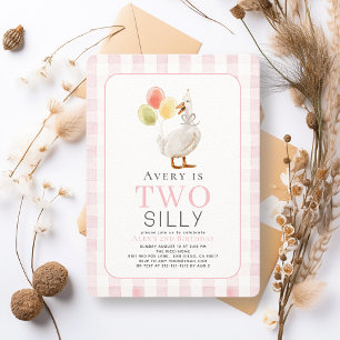 Two Silly Goose Pink Gingham Girl 2nd Birthday Invitation