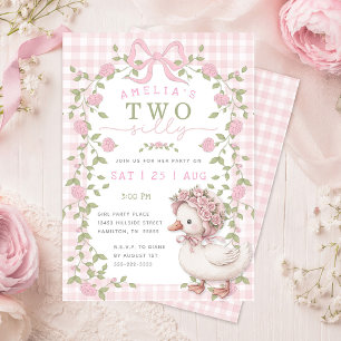 Two Silly Goose Pink Gingham Second Birthday Party Invitation
