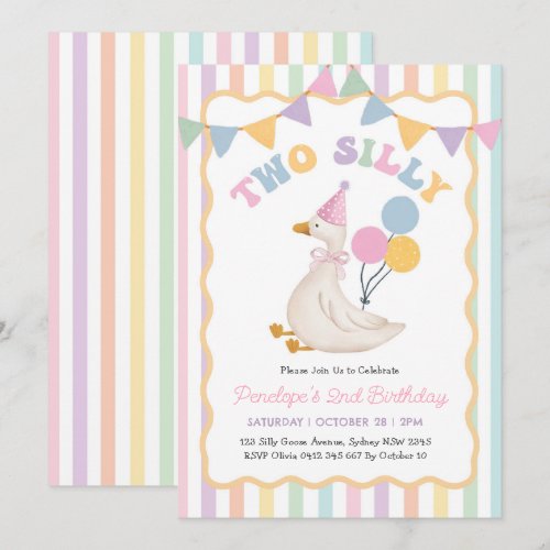 Two Silly Goose Soft Pastel Stripe 2nd Birthday Invitation
