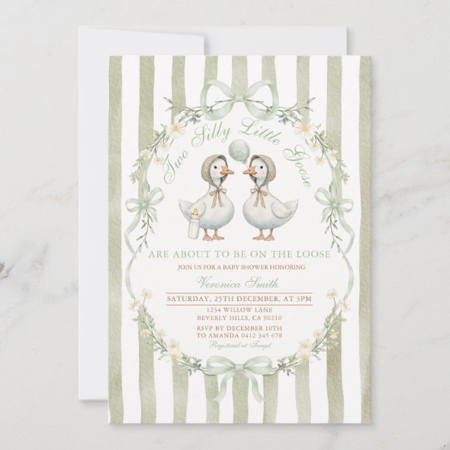 Two Silly Little Geese Baby Shower Twin Neutral Invitation (Front)