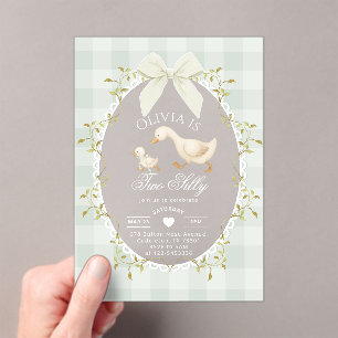 Two Silly Whimsical Sage Gingham 2nd Birthday Acrylic Invitations