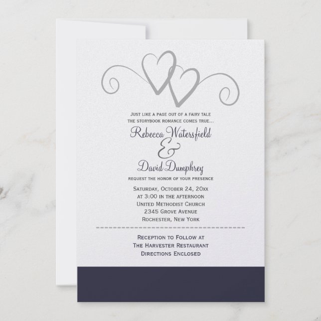 Two Silver and Navy Blue Hearts Wedding Invitation (Front)