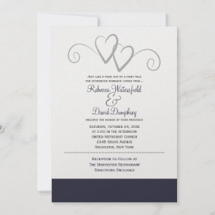 Two Silver and Navy Blue Hearts Wedding Invitation