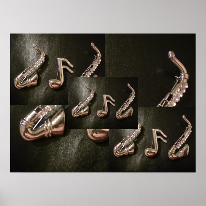 Two Silver Saxophones with a musical note Print