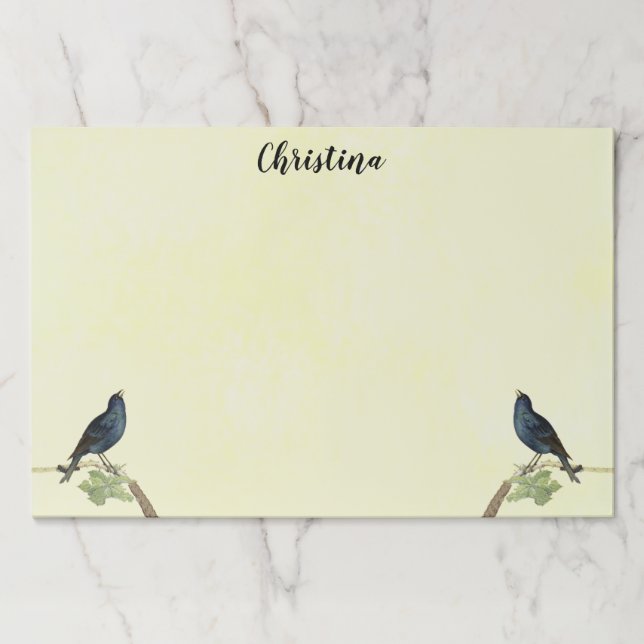 Two Singing Black Birds on Branch with Caterpillar Paper Pad (Front)