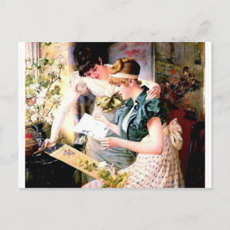 Two Sisters Friends Reading Letter painting Postcard