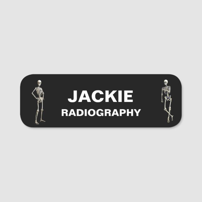 Two Skeletons Radiology Black Name Tag (Front)