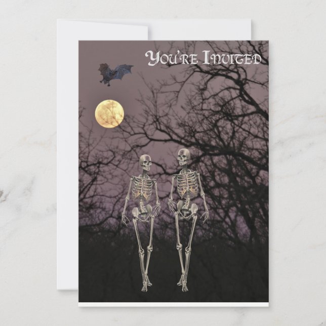 Two Skeletons Walk Through Haunted Forest Invitation (Front)