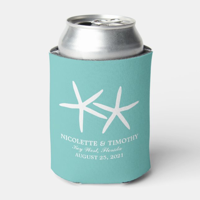 Two Skinny Starfish | Teal Wedding Can Cooler (Can Front)