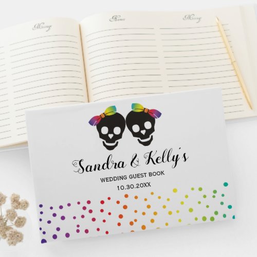 Two skull brides and confetti lesbian wedding guest book