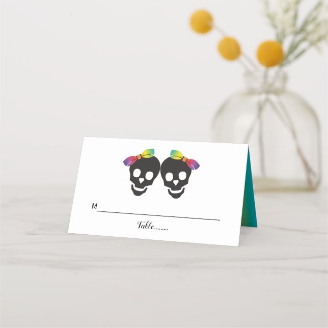 Two skull brides and confetti lesbian wedding place card (Front)