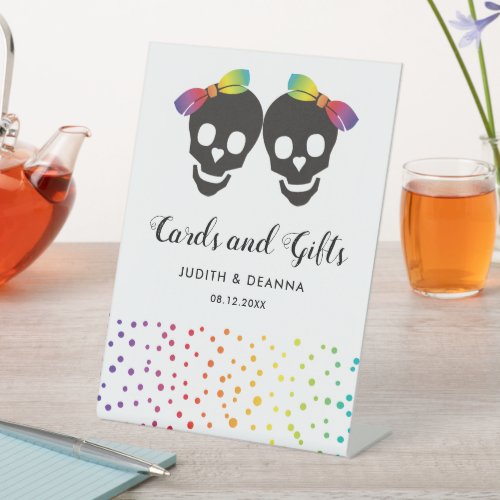 Two skull brides colorful confetti lesbian wedding pedestal sign
