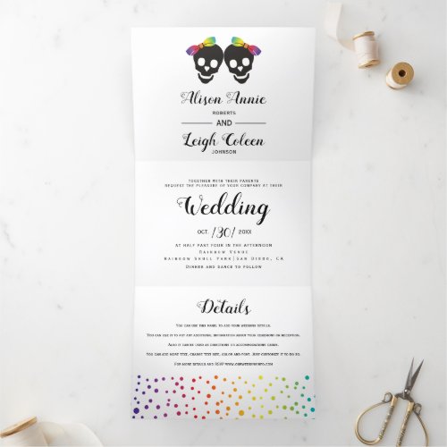 Two skull brides colorful confetti lesbian wedding Tri_Fold invitation