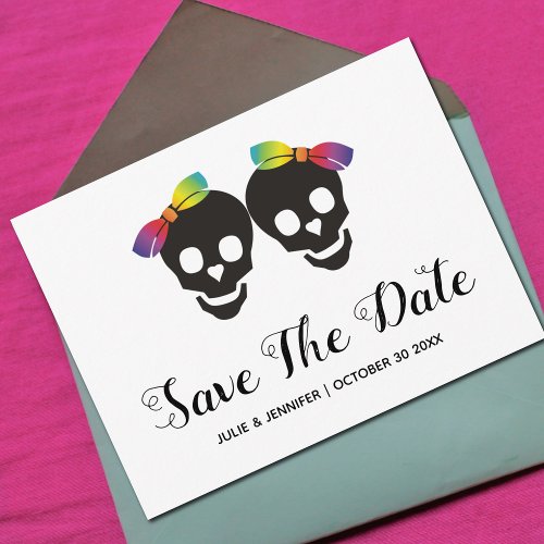 Two skull brides confetti lesbian Save the Date A Announcement Postcard