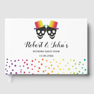 Two skull grooms and confetti gay wedding guest book