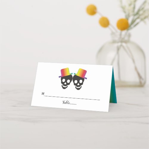 Two skull grooms and confetti gay wedding place card