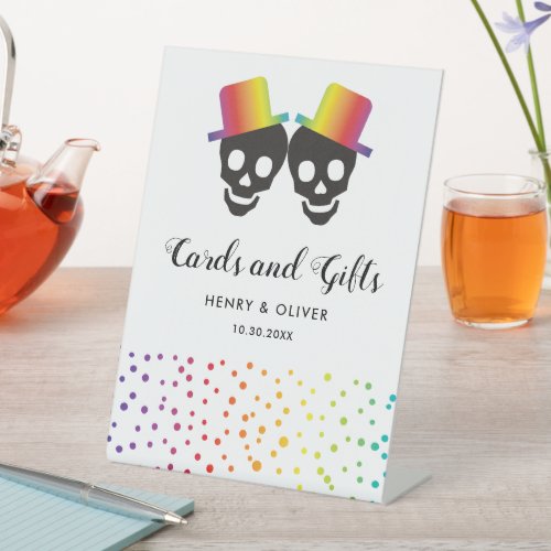 Two skull grooms colorful confetti gay wedding pedestal sign