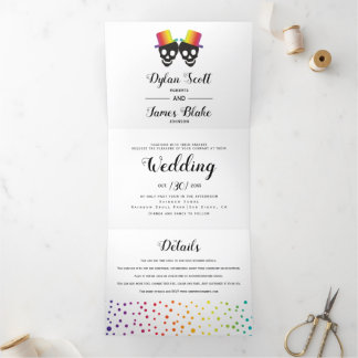 Two skull grooms colorful confetti gay wedding Tri-Fold invitation