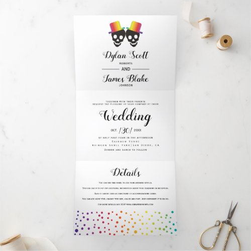 Two skull grooms colorful confetti gay wedding Tri_Fold invitation