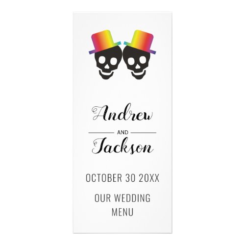 Two skull grooms with hats gay wedding menu card