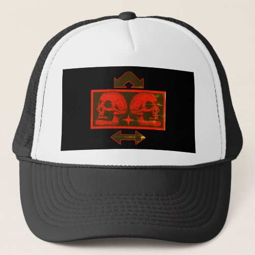 Two Skulls _Back To Back Dark Red _Arrows Fade Trucker Hat