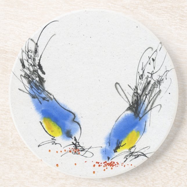 Two small titmouses pecking grain. Calligraphy Sandstone Coaster (Front)