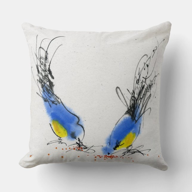 Two small titmouses pecking grain. Calligraphy Throw Pillow (Front)