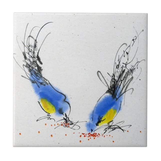 Two small titmouses pecking grain. Calligraphy Tile (Front)